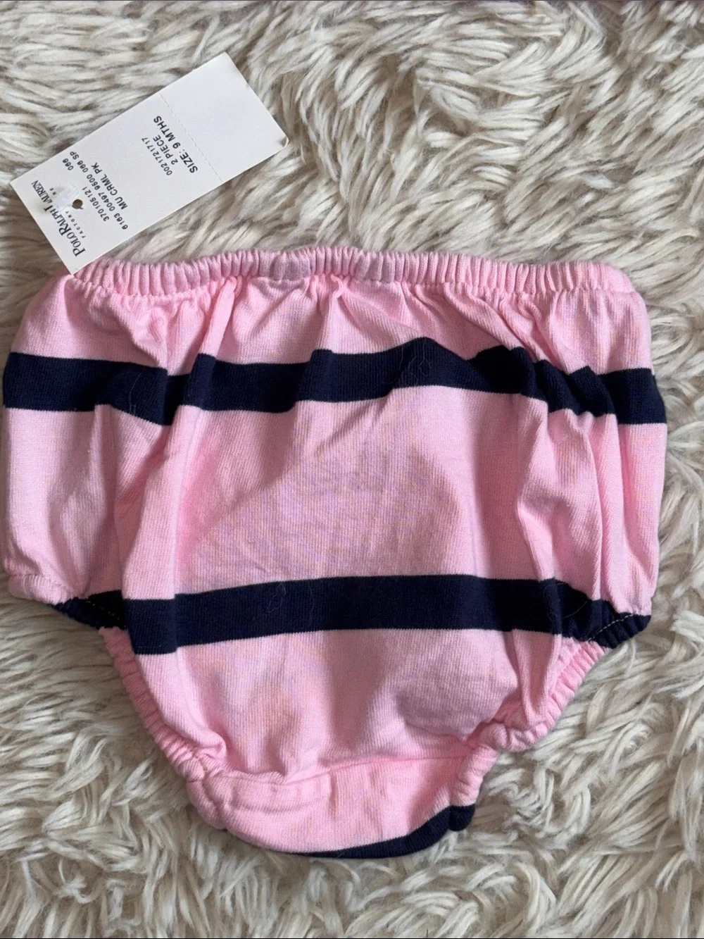 🐎 NWT Ralph Lauren Pink and Navy Striped Polo Dress w Matching Bloomers 9 months